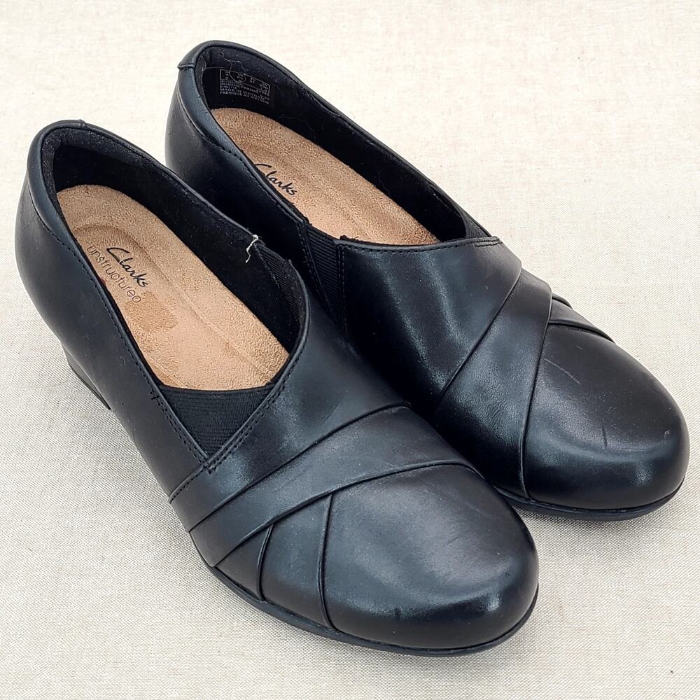 Clarks Unstructured Rosalyn Adele Black Leather Block Heel Pumps Womens 6.5 M